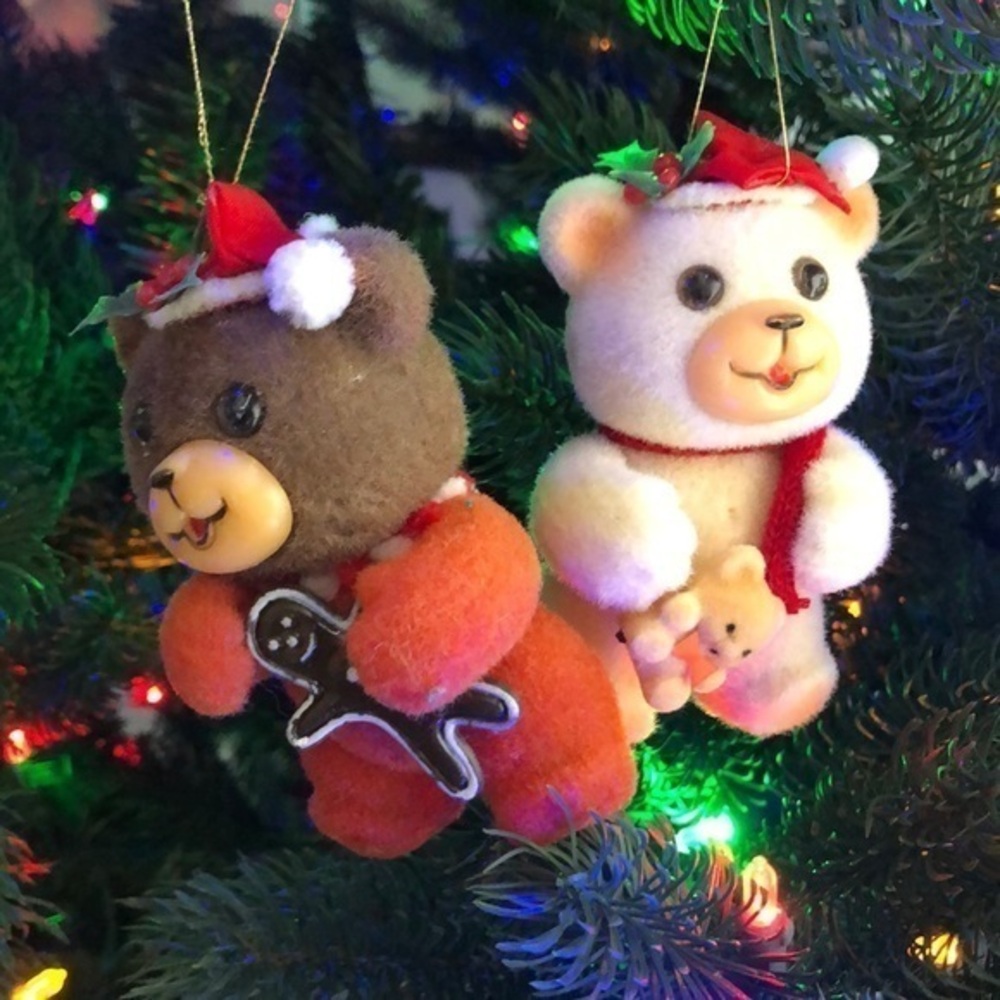 Vintage 80s set of two Xmas bear ornaments